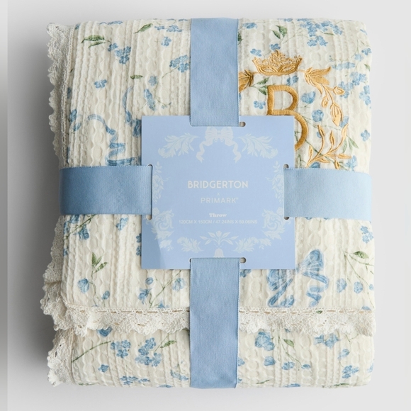 Primark Other - Bridgerton Lace Trim throw with waffle texture, Primark, Cream N Blue
